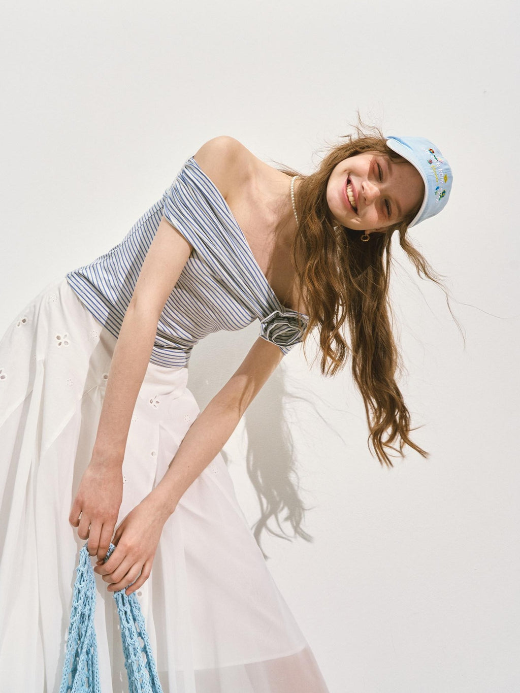 SOMESOWE Stretch Cotton Slim Cropped Bardot Blue White Striped Short Sleeve T-Shirts