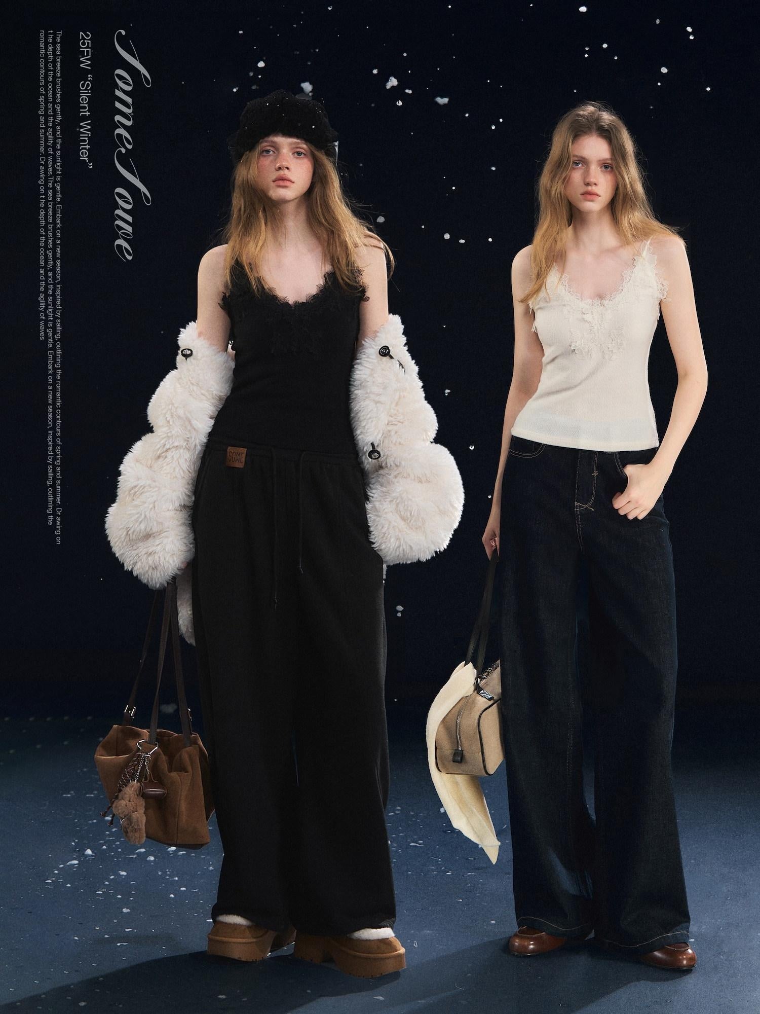 SOMESOWE Lace V-neck Loose Fit Office Layering Strappy Women Black Ivory Camisoles