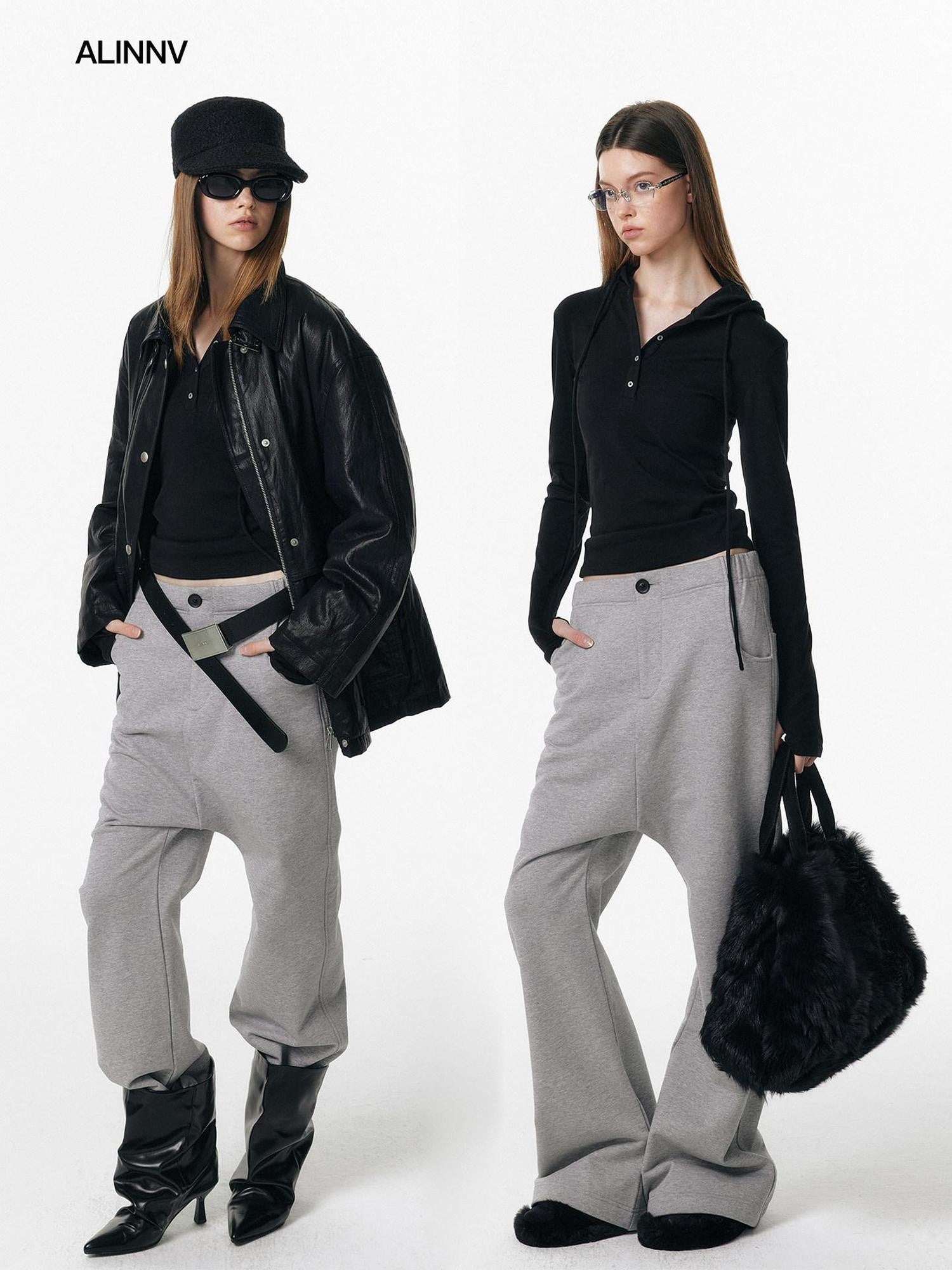ALINNVSTUDIO Asymmetric Versatile Slight Flare Slim Natural Waist Casual Sweatpants
