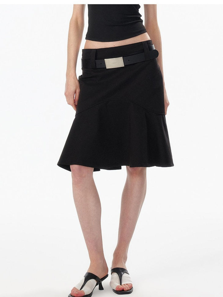 ALINNVSTUDIO Lined Wide Waistband Fishtail Mermaid Back Zipper Women Black Denim Midi Skirts