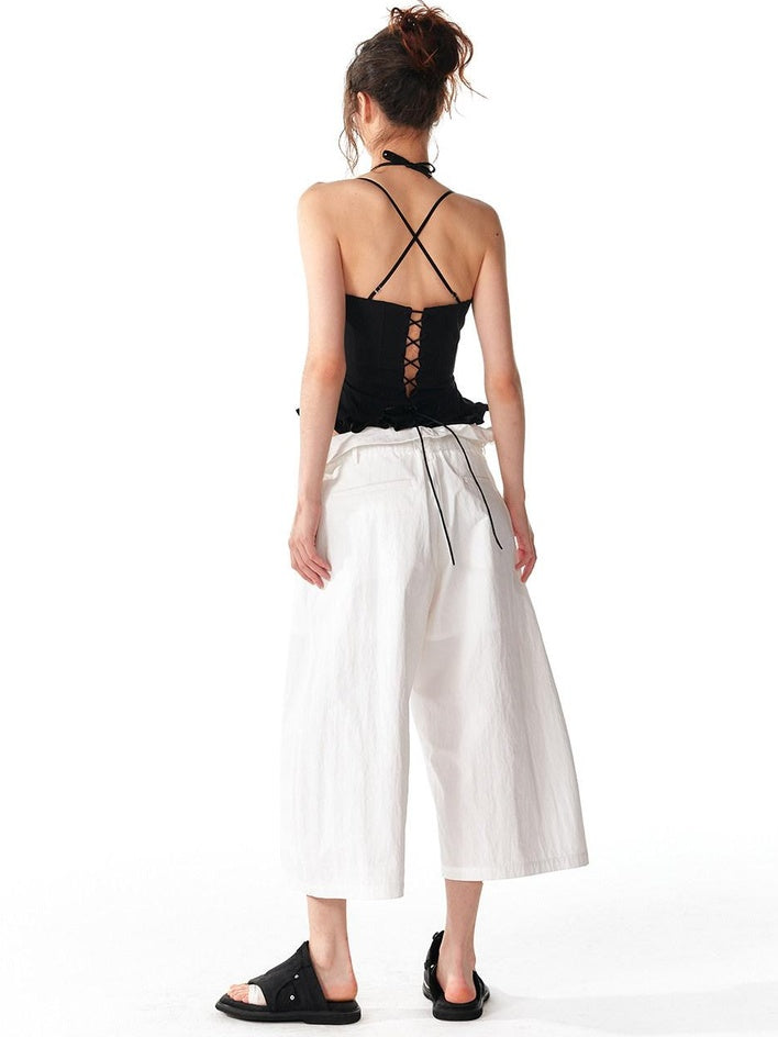 ALINNVSTUDIO Soft Cotton Blend High Waisted Wide Flowing Casual Black White Wide Leg Pants