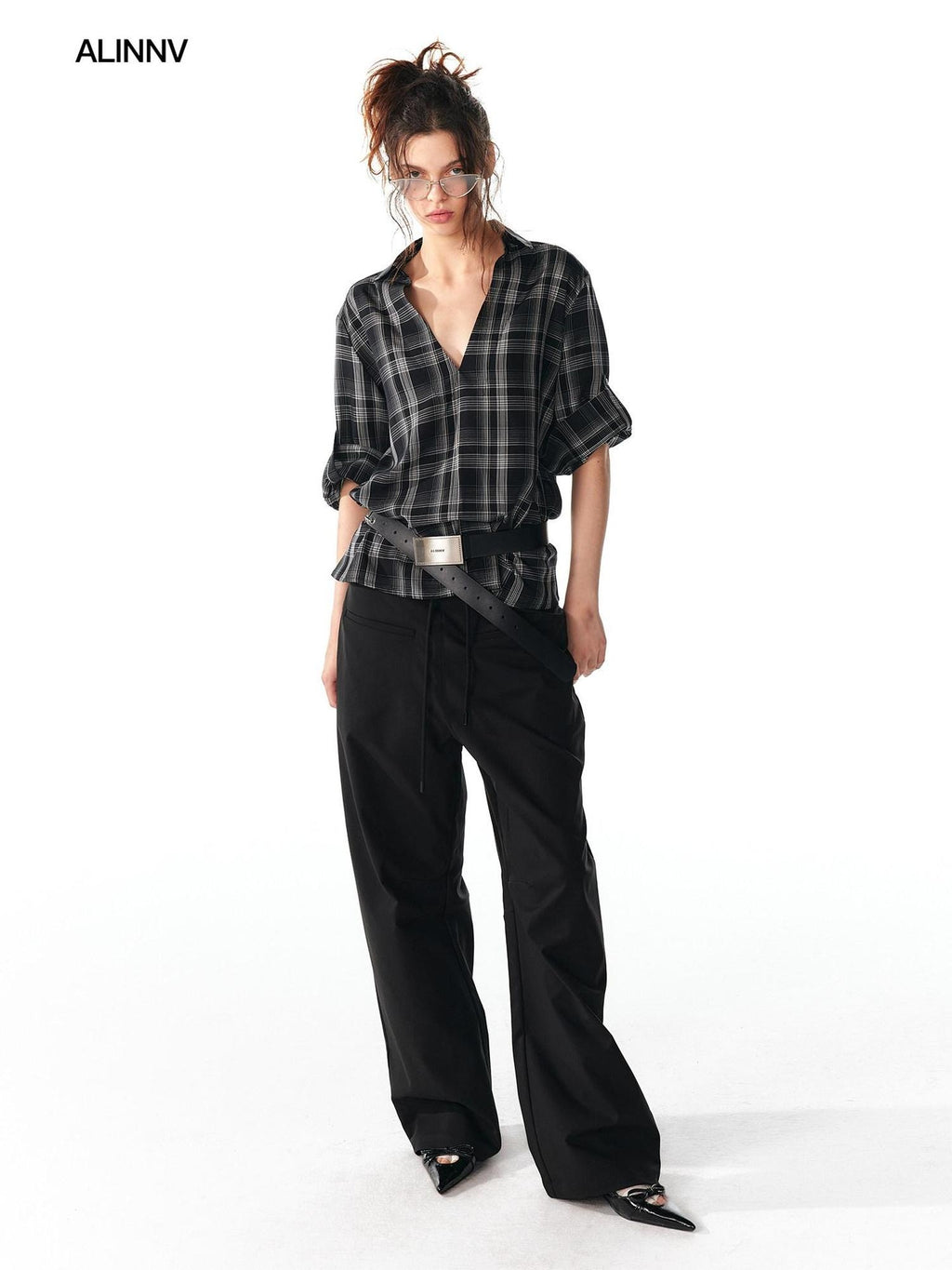 ALINNVSTUDIO Soft Lyocell Cupro Blend Oversized V-neck Button Front Plaid Casual Shirts