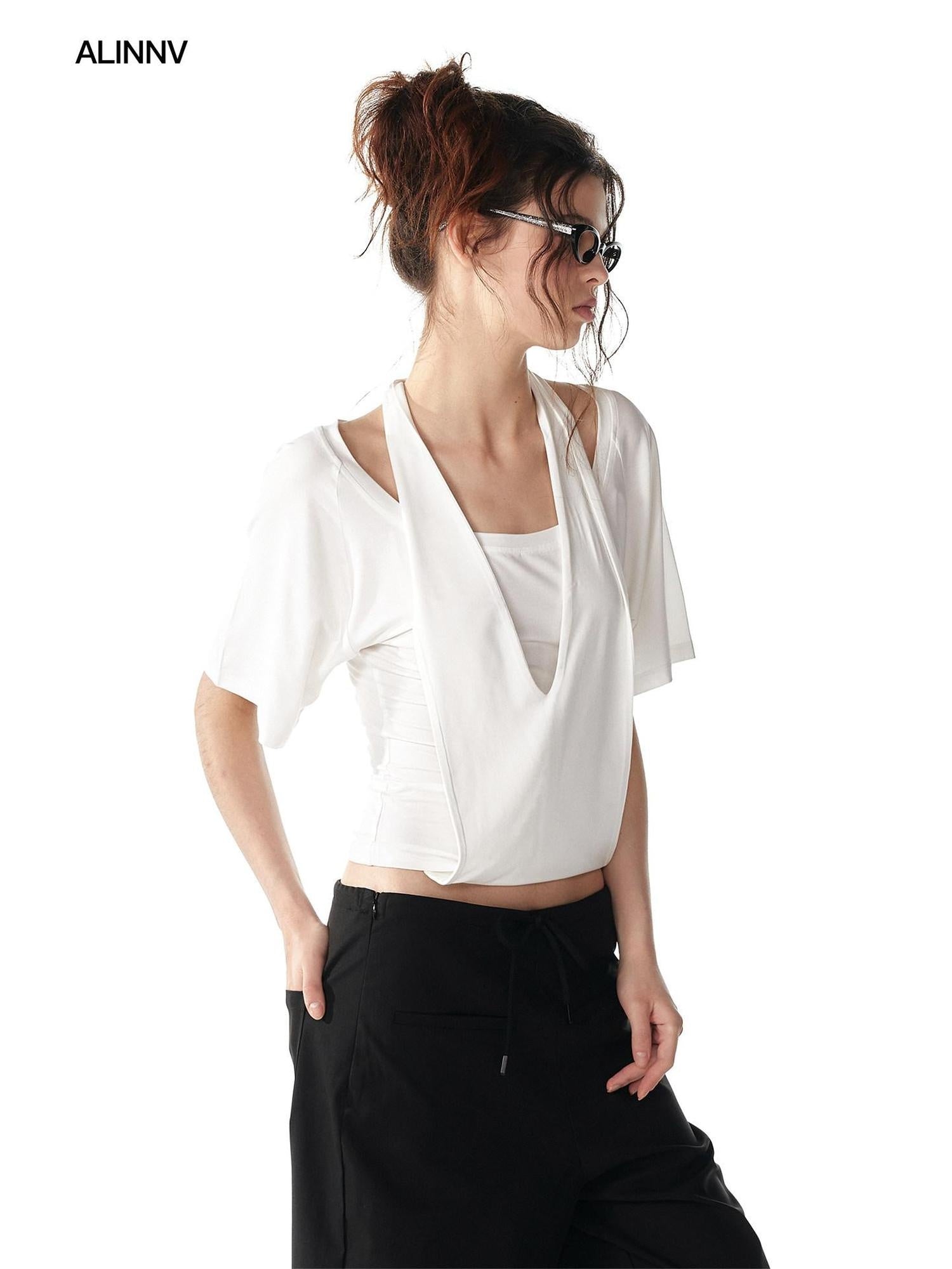 ALINNVSTUDIO Backless Slim Fit Modal Stretch Pullover Short Solid Color Halter Crop Tops