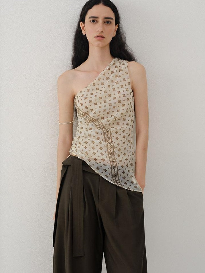 someonesometimes Ruched Asymmetrical Tie One Shoulder Workwear Floral Polyester Beige Tube Tops