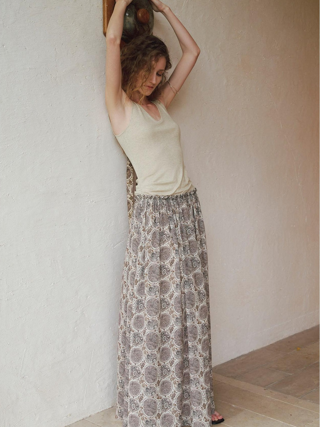 someonesometimes Lyocell Bamboo Linen Blend Pleated Panel Flared Mid Waist Women Maxi Dresses