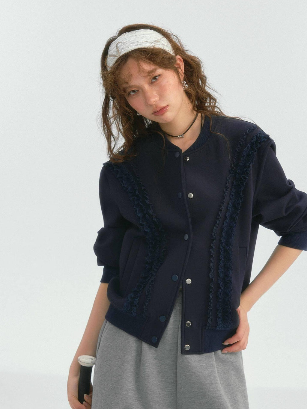 SOMESOWE Lace Trim Loose Fit Commuter Women Button Closure Navy Gray Bomber Jackets