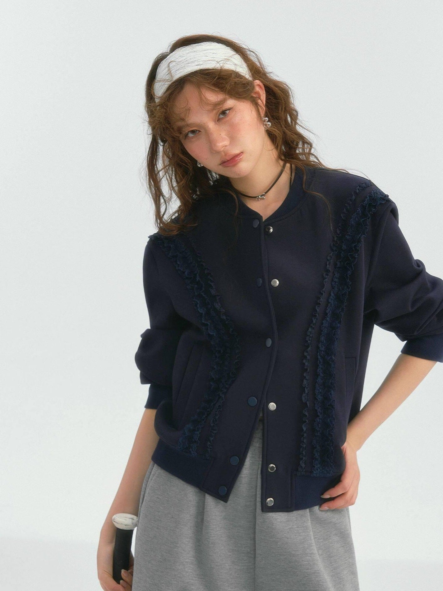 SOMESOWE Lace Trim Loose Fit Commuter Women Button Closure Navy Gray Bomber Jackets