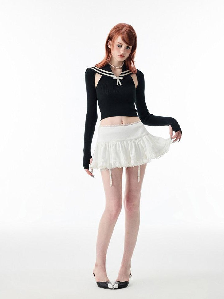 1JINN STUDIO Lace Tiered A Line Mid Waist Commuter Daily Youth Black White Mini Skirts