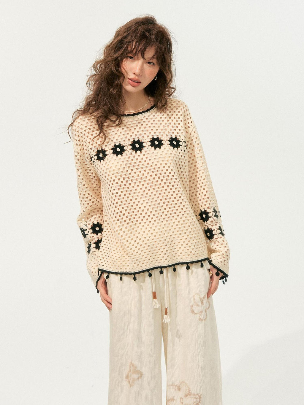 SOMESOWE Soft Acrylic Loose Openwork Knit Pullover Women Casual Round Neck Beige Sweaters