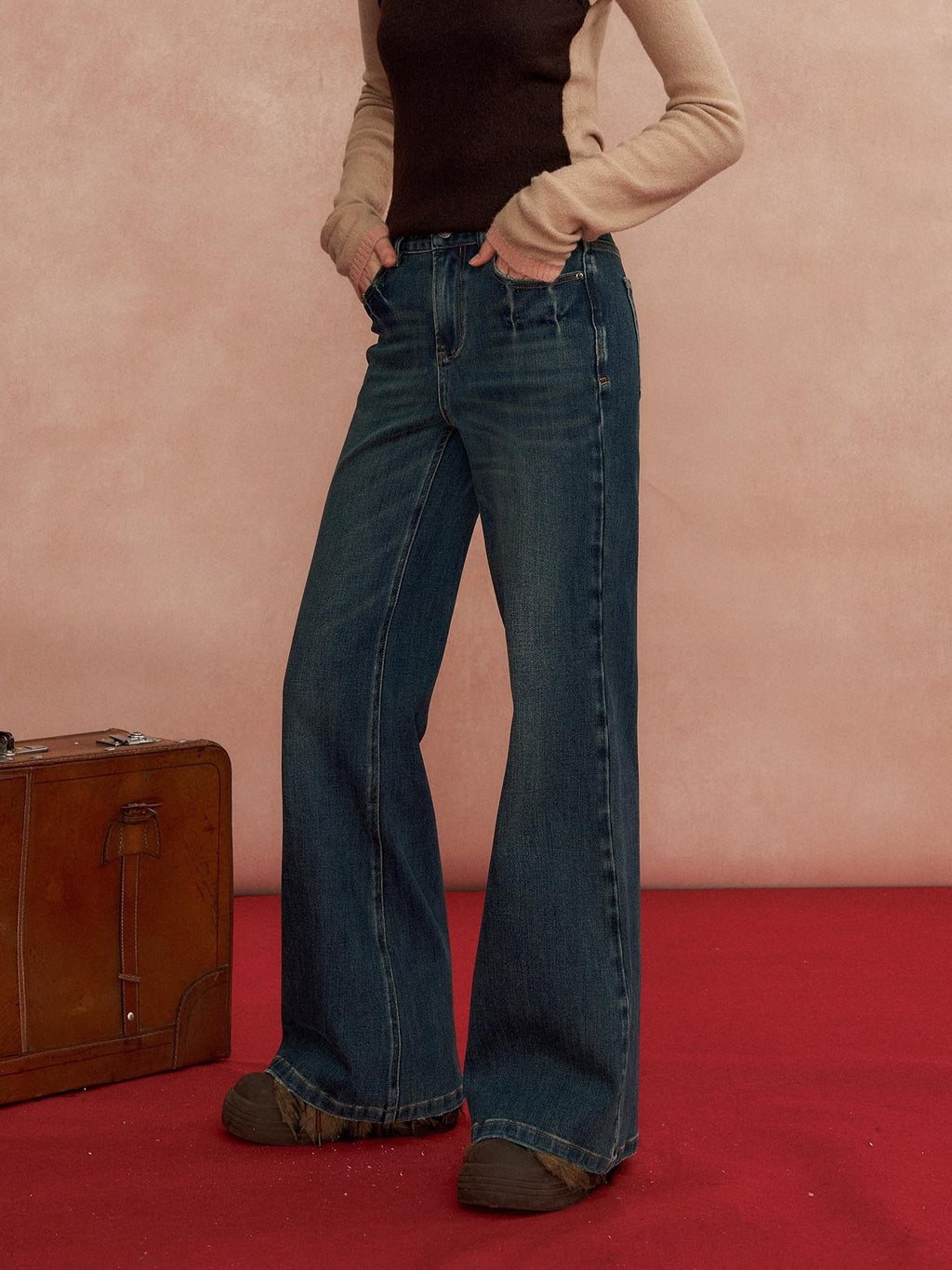 SOMESOWE Pleated High Waist Casual Pockets Slight Flare Stretch Blue Wide Leg Jeans
