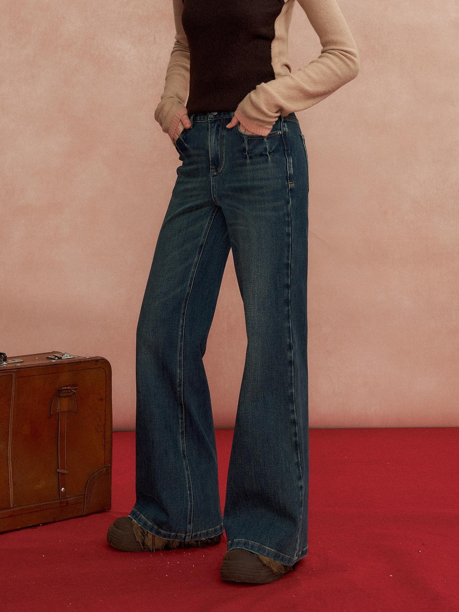 SOMESOWE Pleated High Waist Casual Pockets Slight Flare Stretch Blue Wide Leg Jeans