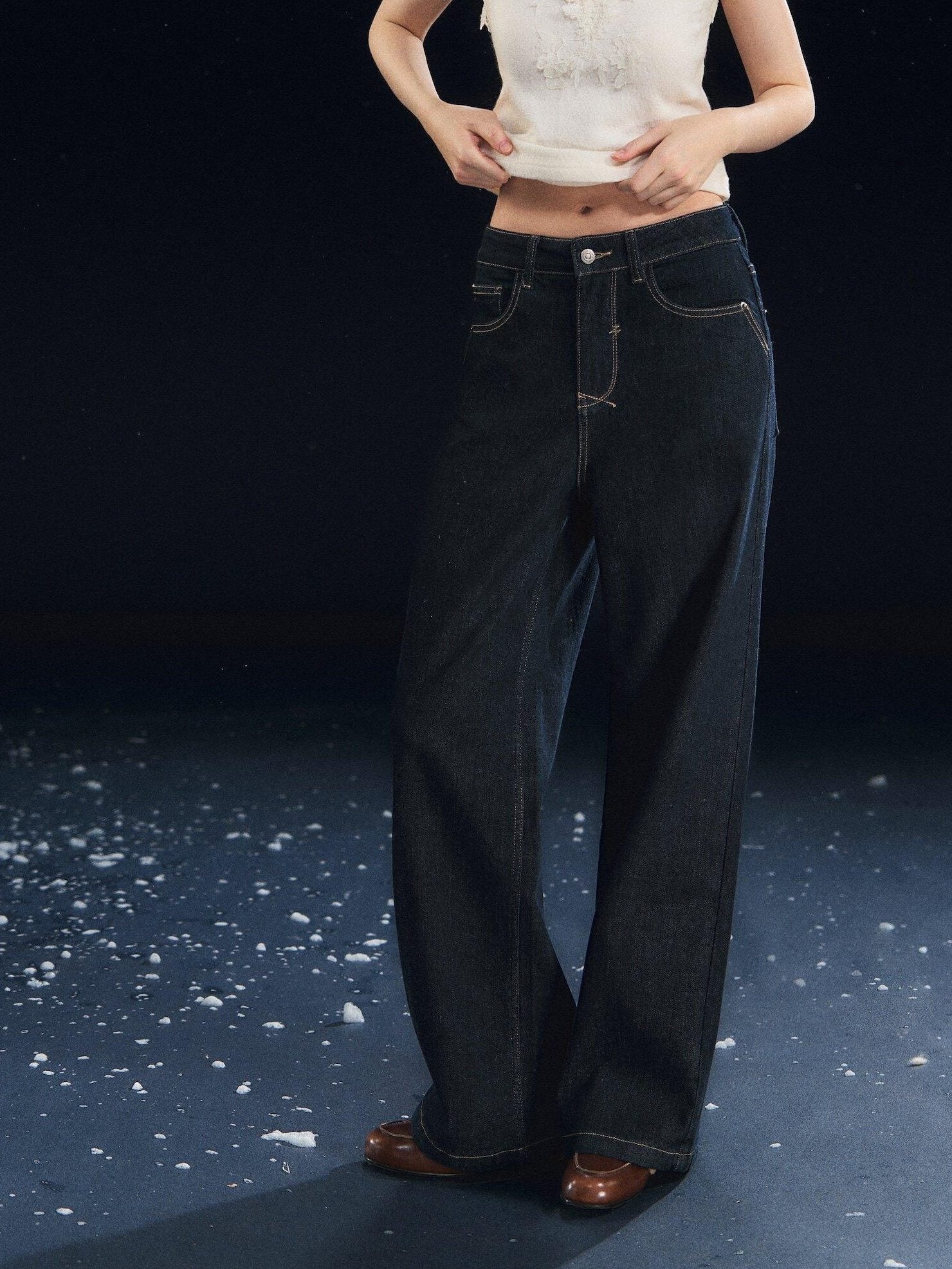 SOMESOWE High Rise Stretch Pleated Pocket Women Dark Cotton Denim Straight Leg Jeans