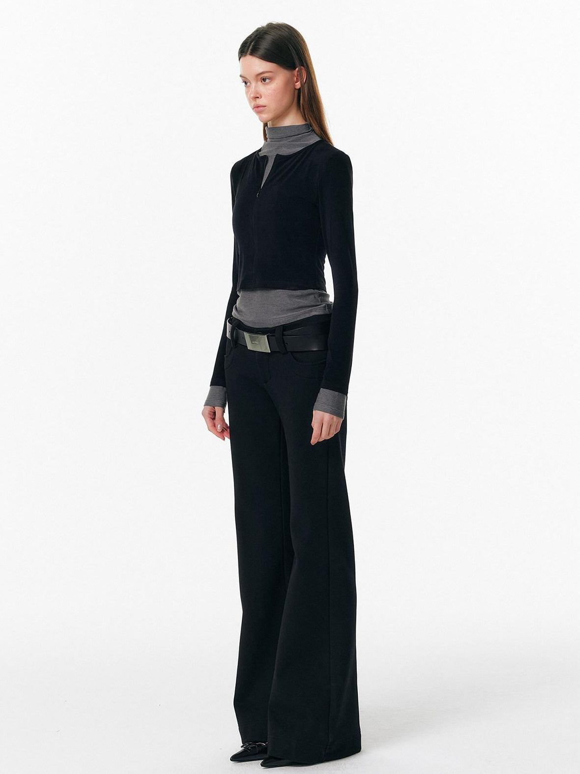 ALINNVSTUDIO Soft Zipper Slim Fit Short Collar Office Ladies Contrast Long Sleeve T-Shirts