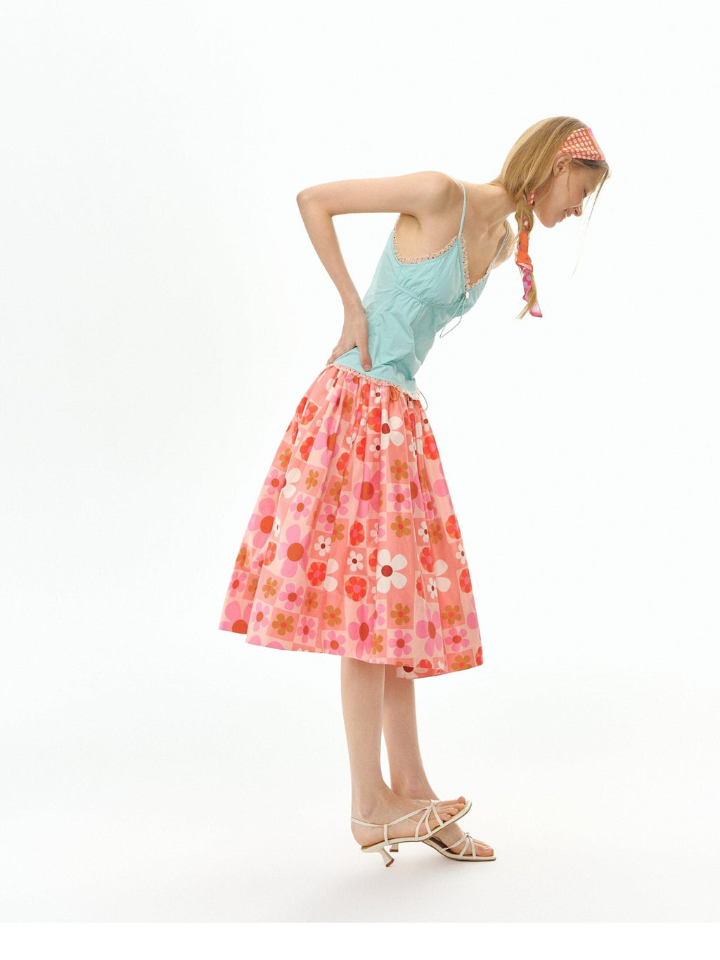 DeleteEx Flattering High Waist A Line Orange Red Floral Polyester Women Midi Skirts
