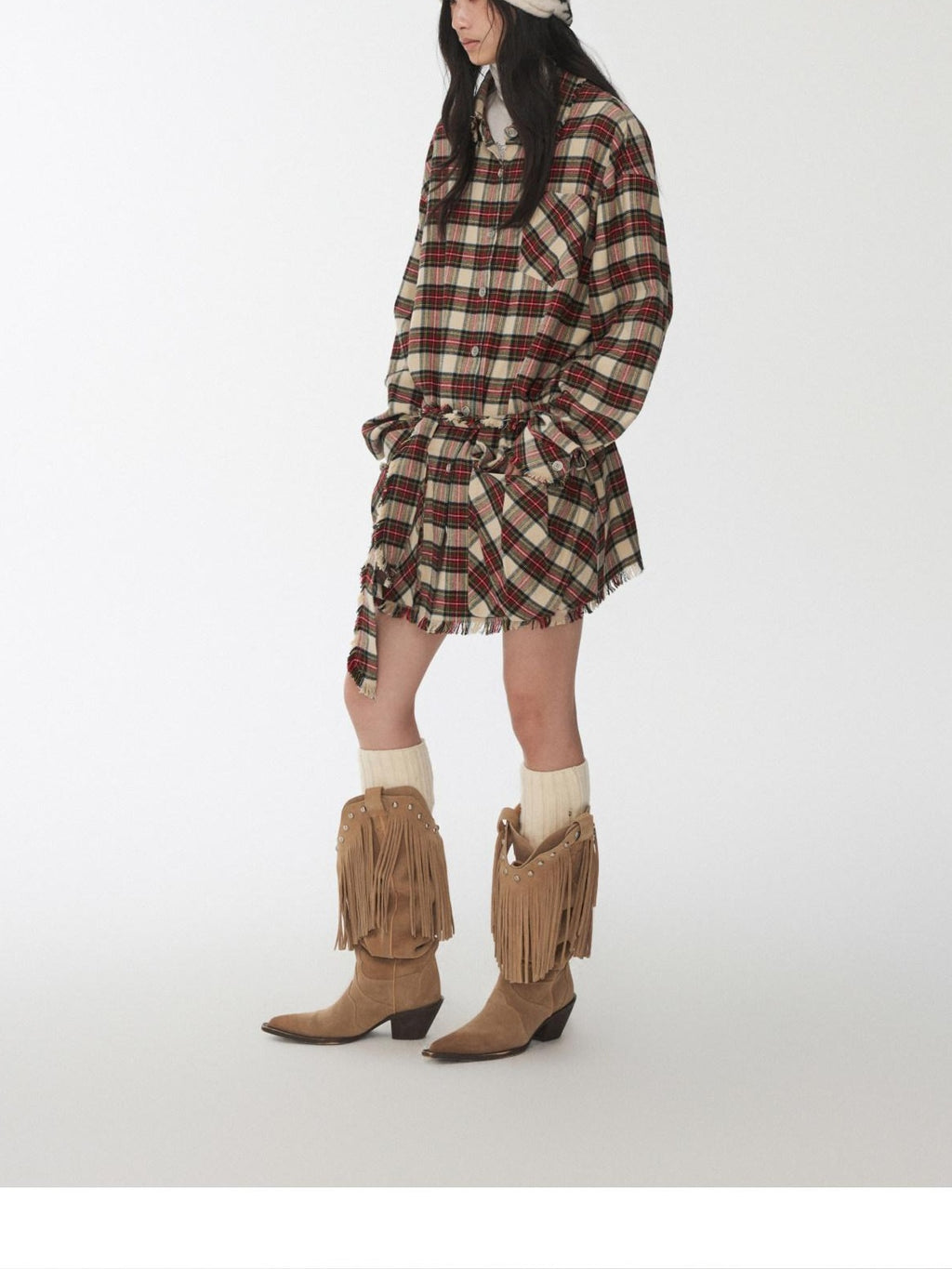 1JINN STUDIO Cotton Plaid Workwear Loose Straight Fit Long Sleeve Casual Women Mini Dresses