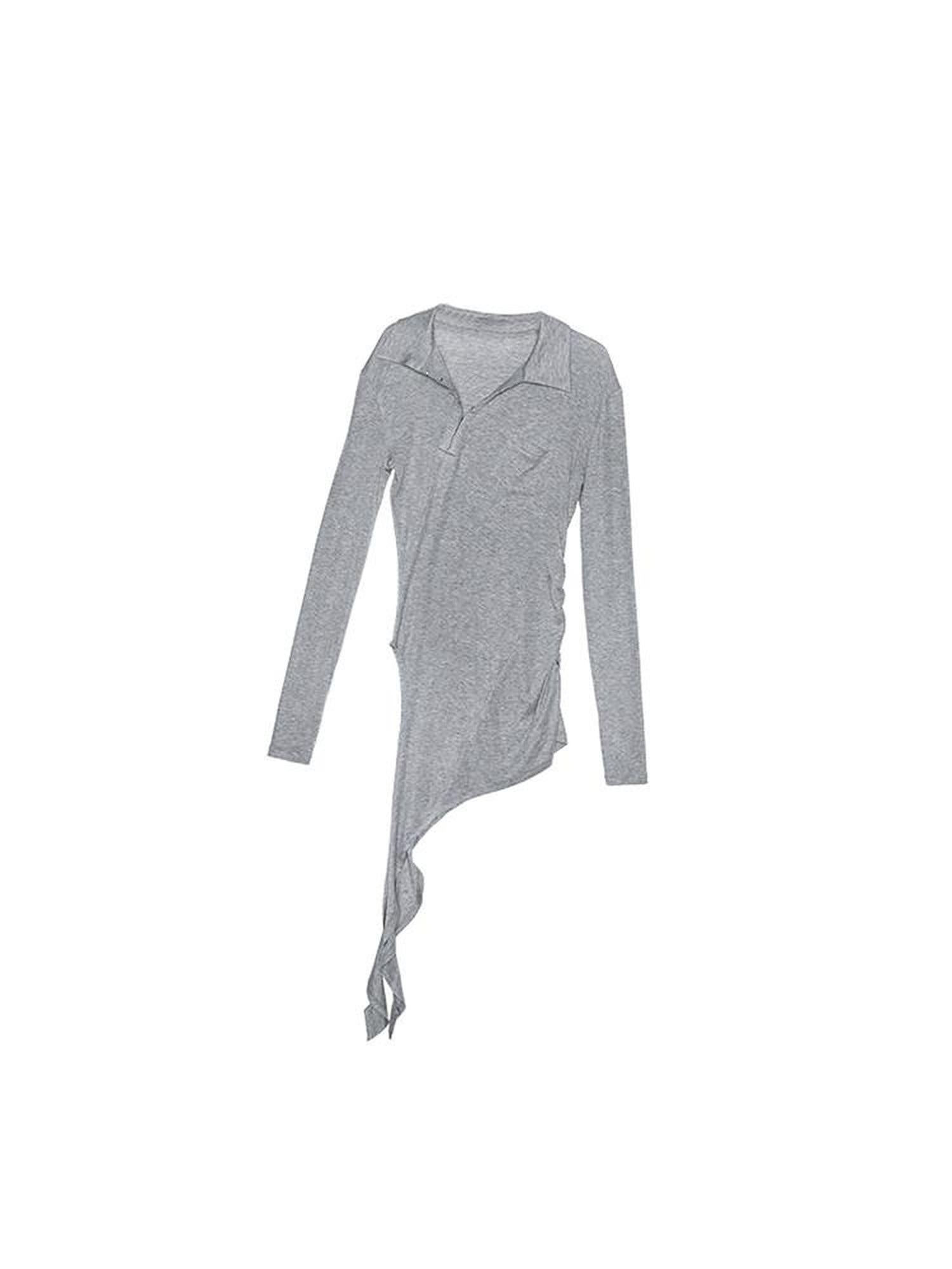 1JINN STUDIO Lightweight Lyocell Wool Asymmetrical Slim Polo Solid Long Sleeve T-Shirts