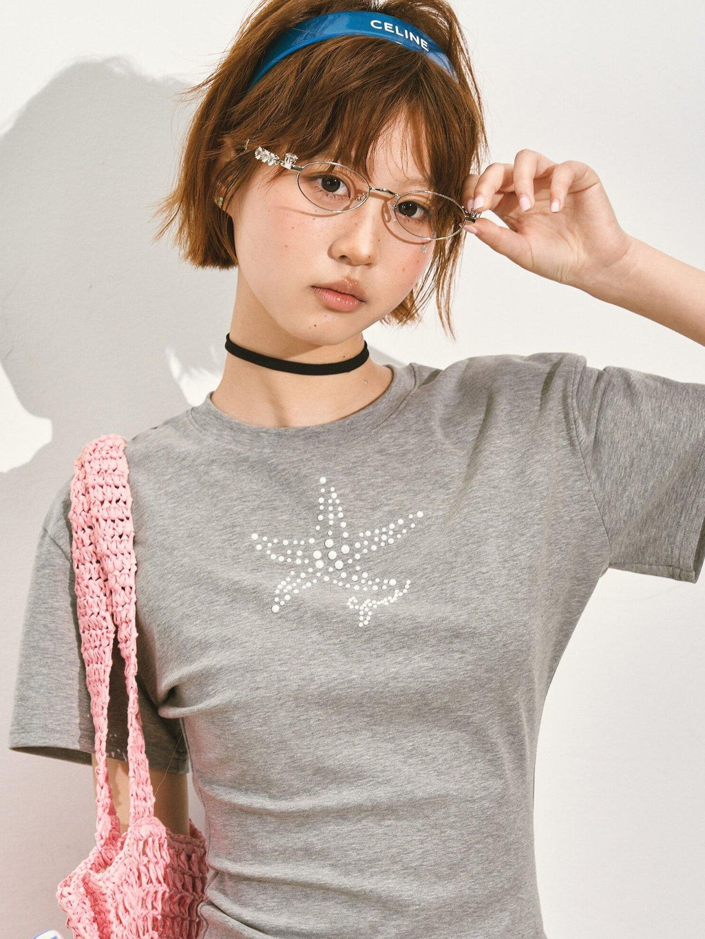 SOMESOWE Rhinestone Slim Crew Neck Stretch Viscose Cotton Navy Grey Short Sleeve T-Shirts