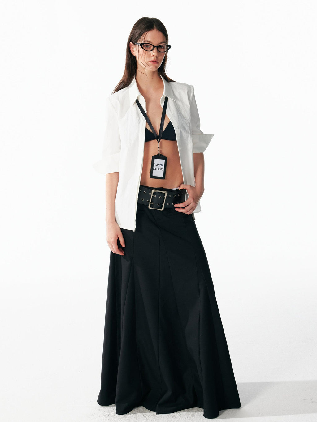 ALINNVSTUDIO Wrinkle Resistant Slim Lapel 3 4 Sleeve Casual Women White Black Plaid Shirts