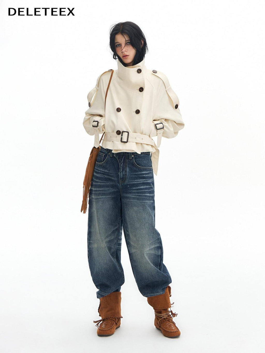 DeleteEx Cotton Blend Stand Collar Short Double Breasted London Off White Trench Coats