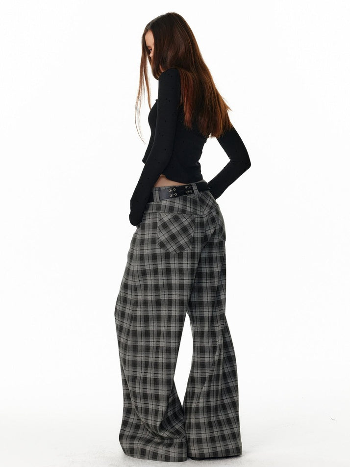 ALINNVSTUDIO Plaid Low Rise Loose American Style Zipper Front Women Wide Leg Pants