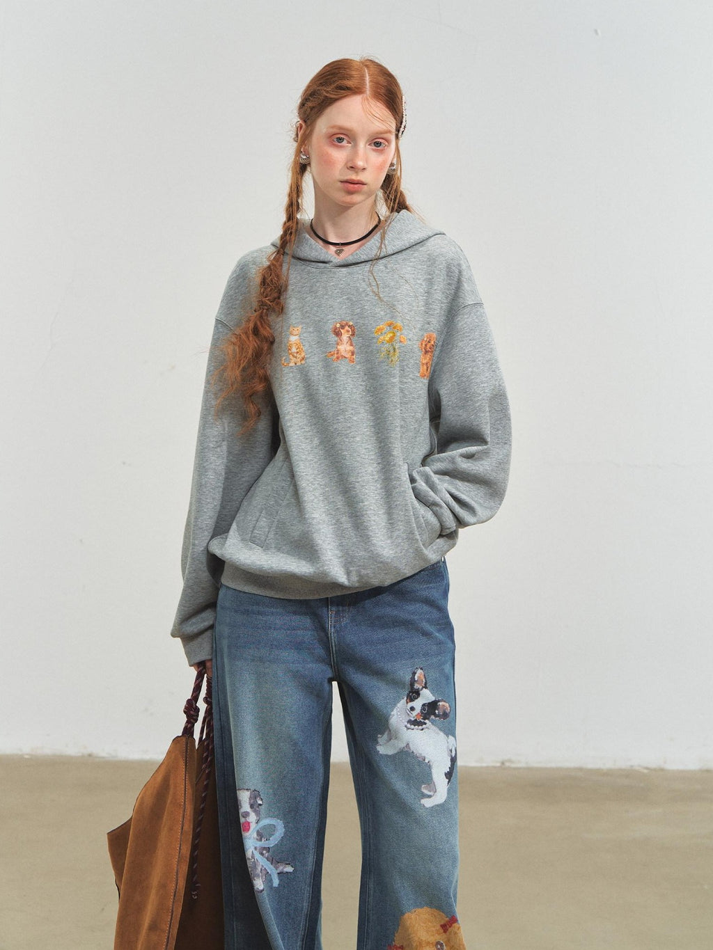 SOMESOWE Cartoon Anime Oversized Hooded Longsleeve Casual Grey Brown Hoodie