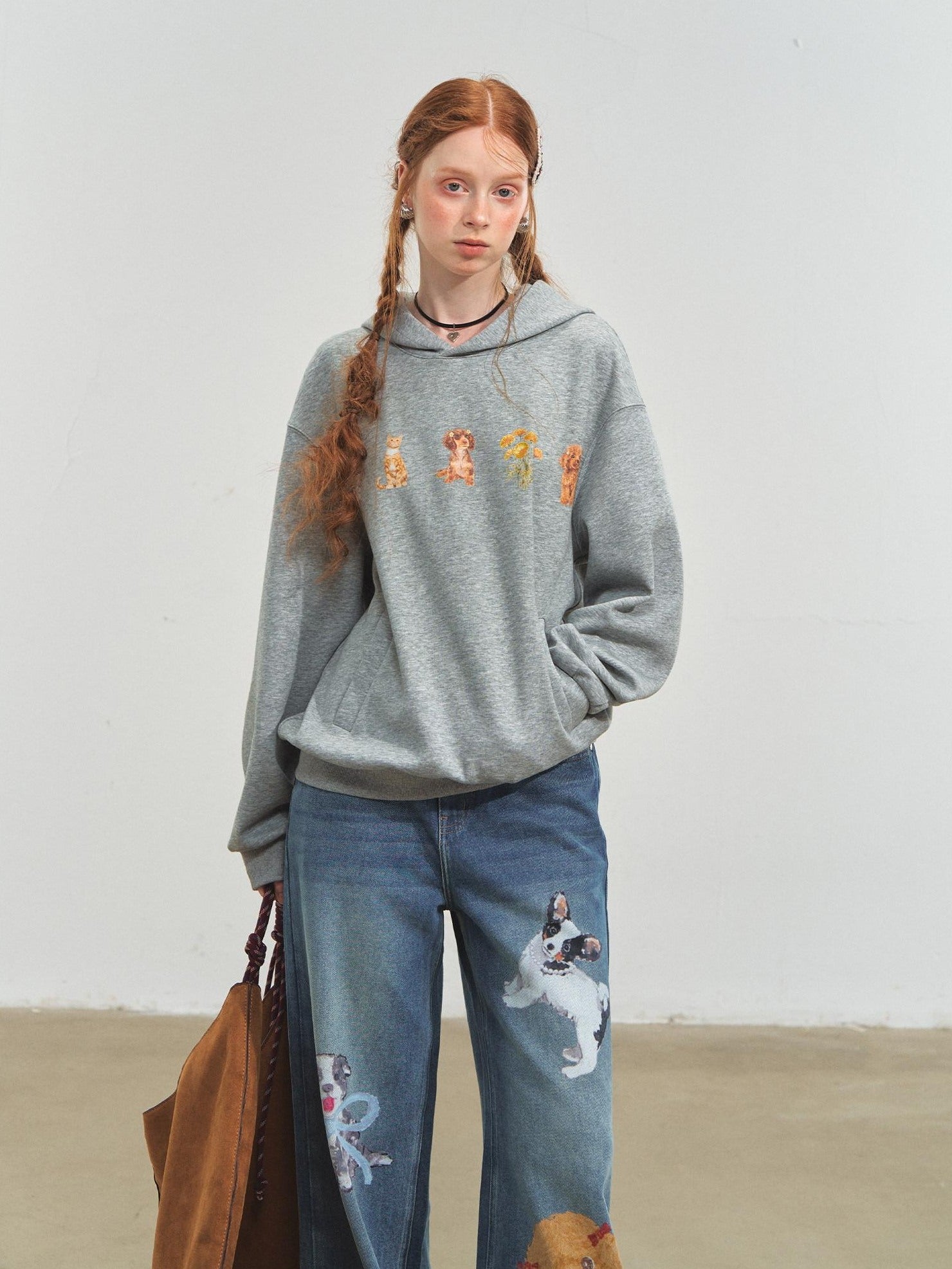 SOMESOWE Cartoon Anime Oversized Hooded Longsleeve Casual Grey Brown Hoodie