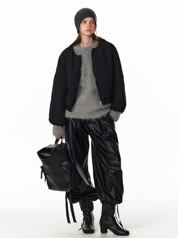 ALINNVSTUDIO Pu Leather Utility Natural Waist Curved Seam Black Women Wide Leg Pants