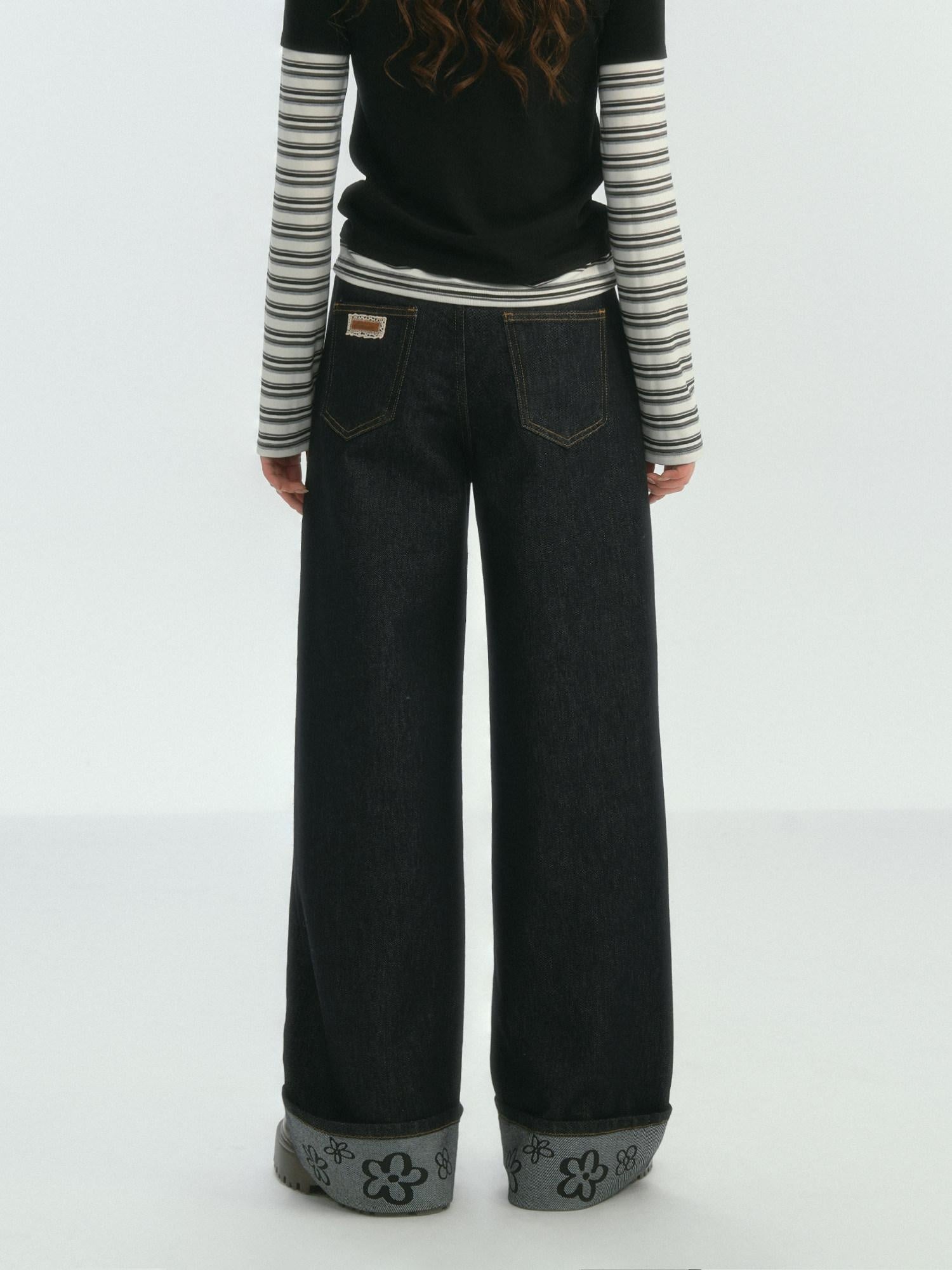 SOMESOWE Relaxed Streetwear Unisex Floral Detail Blue Black Denim Straight Leg Jeans