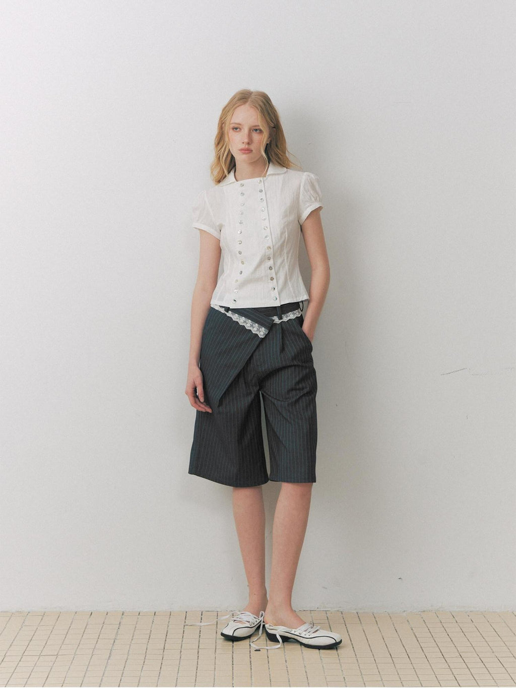 DeleteEx Breathable Girly Cropped Cinched Waist Crewneck Short Sleeve Blouses