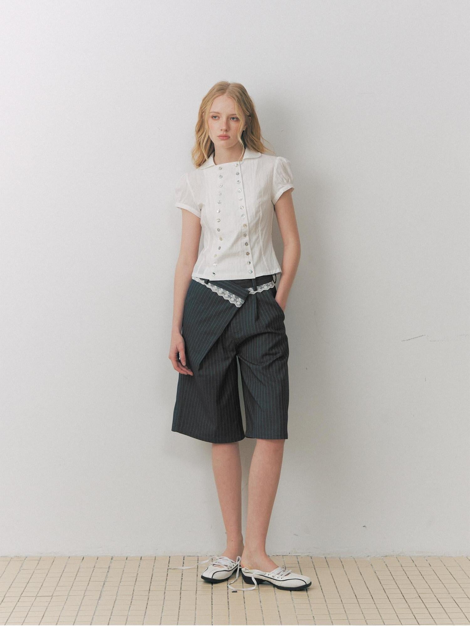 DeleteEx Breathable Girly Cropped Cinched Waist Crewneck Short Sleeve Blouses