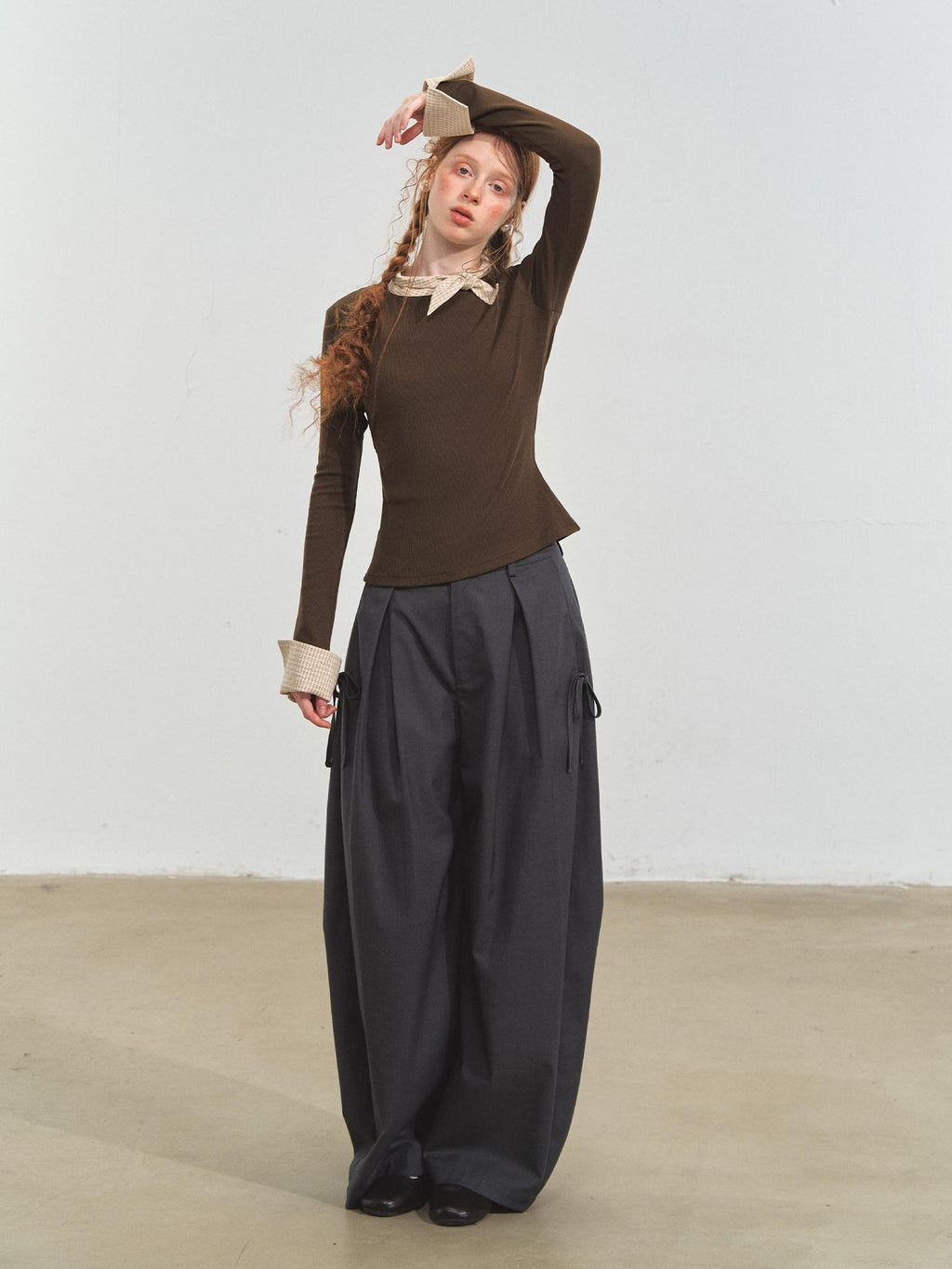 SOMESOWE Viscose Cotton Blend Loose Commuter Crewneck Patchwork Gray Long Sleeve T-Shirts