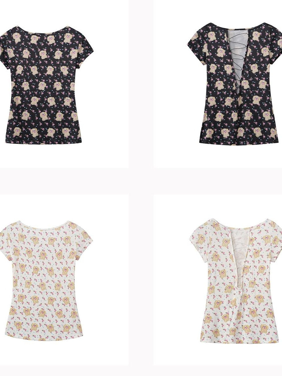 DeleteEx Sexy Printed Loose Fit Crew Neck Women Casual Black White Short Sleeve T-Shirts