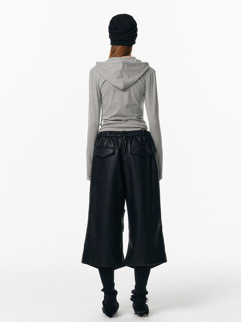 ALINNVSTUDIO Pu Pleated Low Waist Button Fly Irregular Fold Casual Women Black Wide Leg Pants