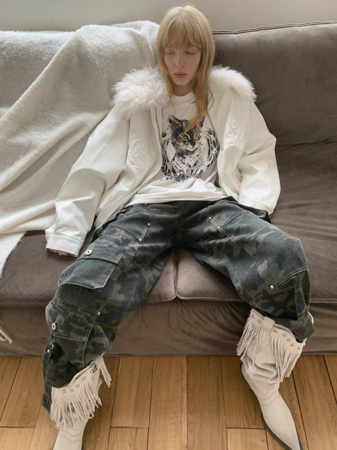 1JINN STUDIO Soft Cotton Camo Low Rise Casual Zipper Front Ladies Wide Leg Pants