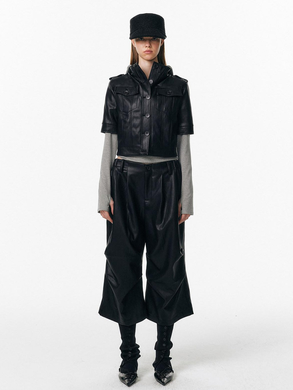 ALINNVSTUDIO Pu Pleated Low Waist Button Fly Irregular Fold Casual Women Black Wide Leg Pants