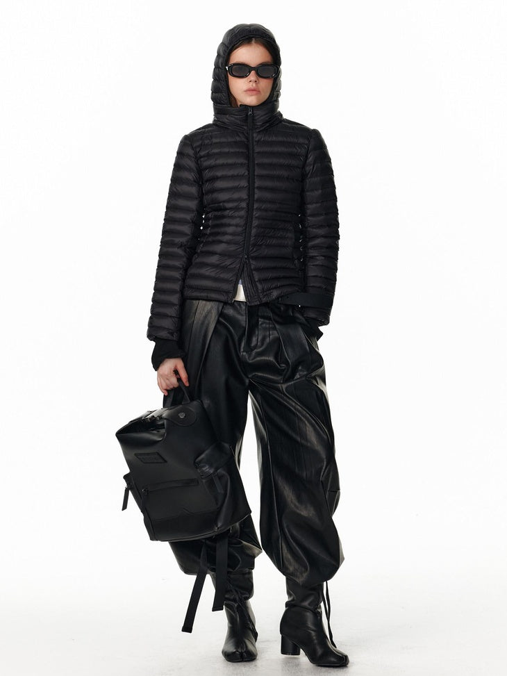 ALINNVSTUDIO 90 Fill Duck Down Thin Fitted Commuter Hooded Women Black Down Jackets