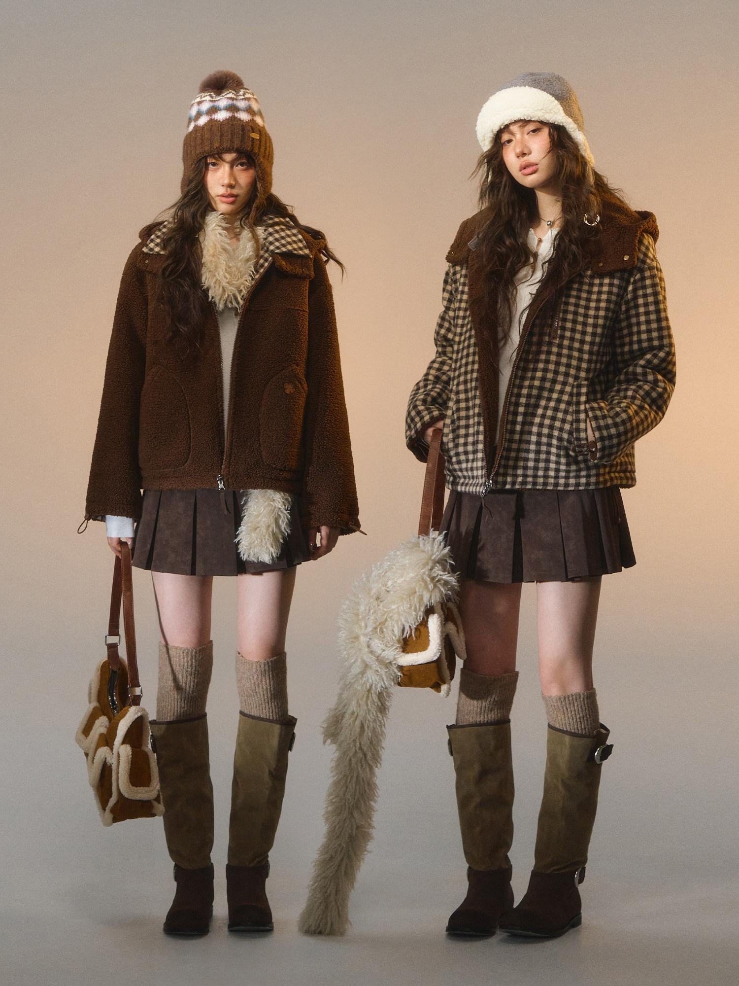 SOMESOWE Reversible Plaid Loose Fit Short Button Women Brown Polyester Jackets
