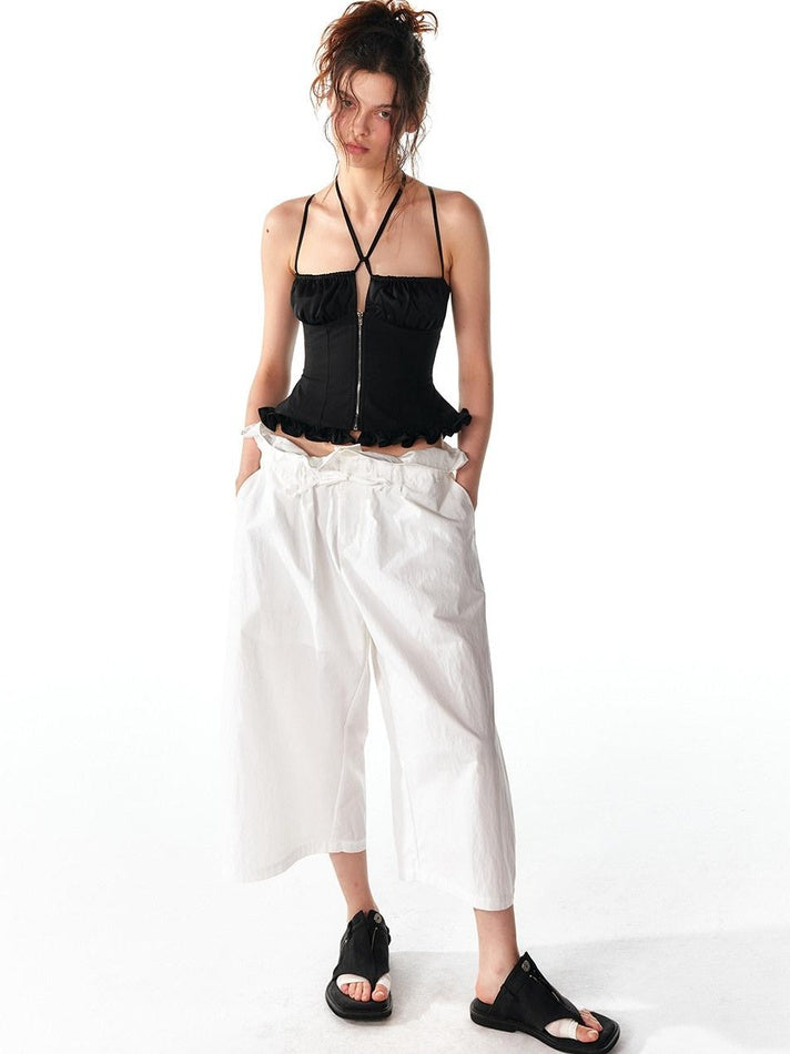 ALINNVSTUDIO Front Zipper Original Slim Fit Crop Strap Top Black Acetate Camisoles