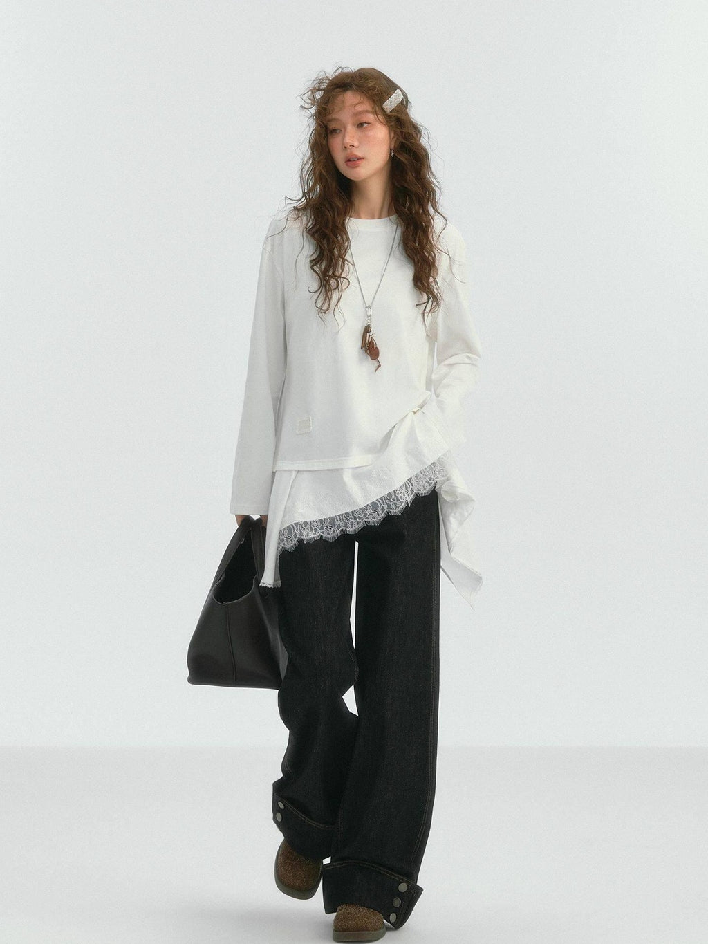 SOMESOWE Pu Spliced Details Loose Fit Office Workwear Women White Long Sleeve T-Shirts