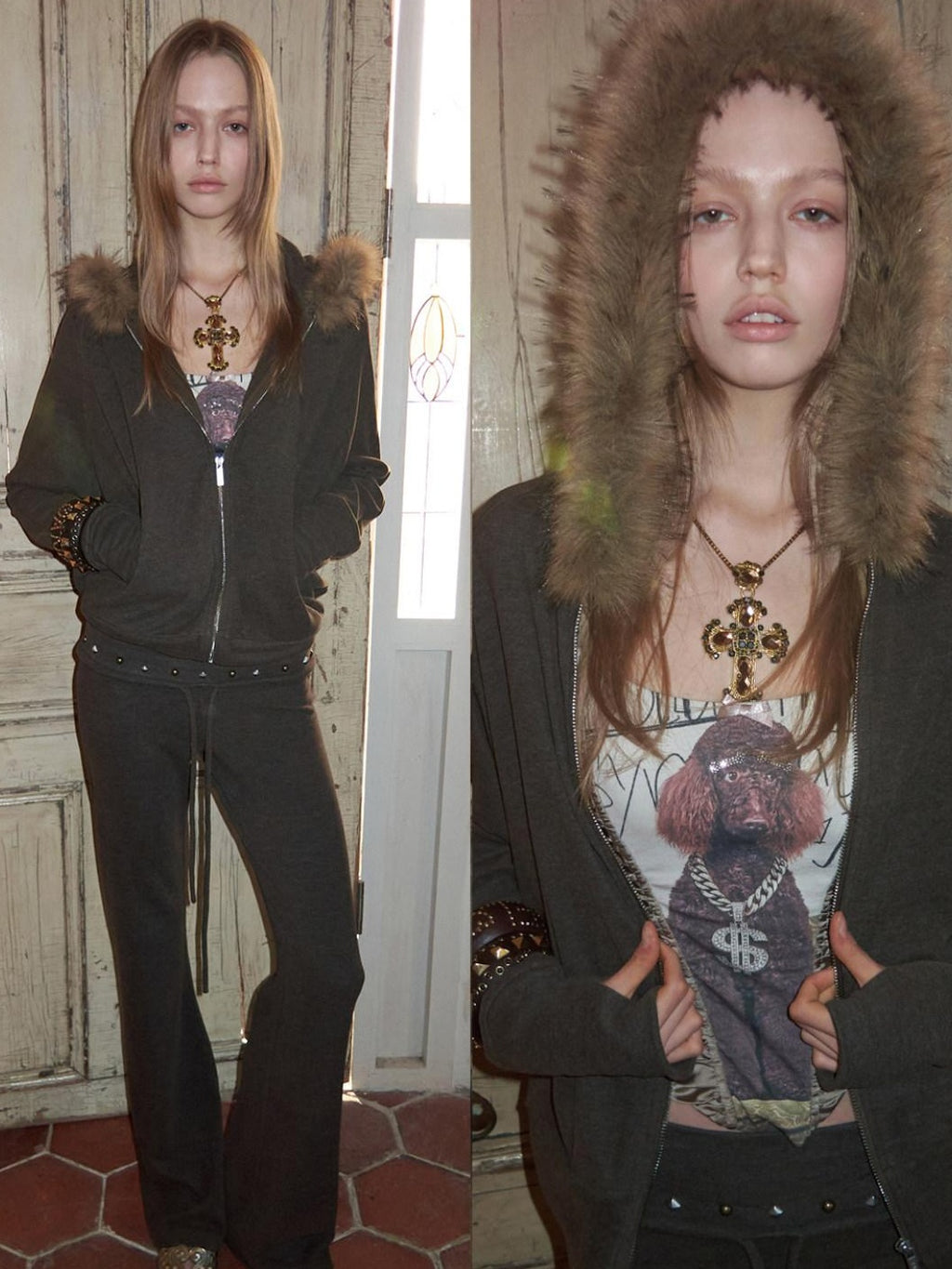 1JINN STUDIO Studded Hooded Zip Long Sleeve Us Casual Women Solid Color Top & Pants Sets