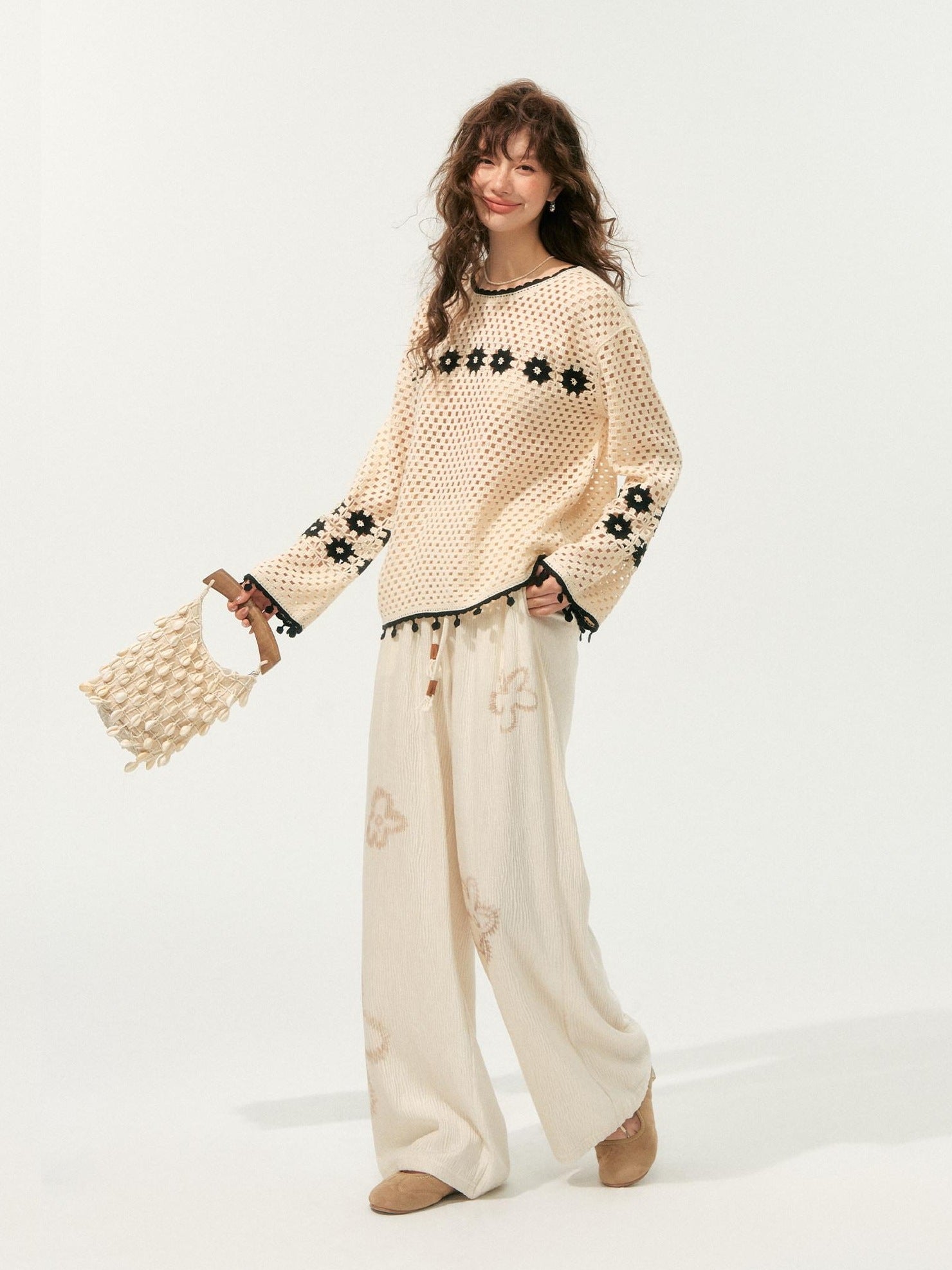 SOMESOWE Soft Acrylic Loose Openwork Knit Pullover Women Casual Round Neck Beige Sweaters