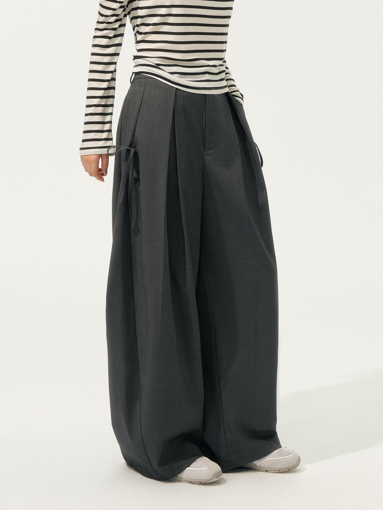 SOMESOWE Plaid Pocket Loose Fit Natural Waist Button Grey Casual Women Wide Leg Pants