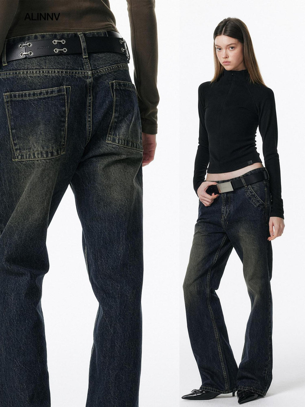 ALINNVSTUDIO Retro Washed Lowrise Micro Flare Cotton Button Fly Women Commute Flared Jeans