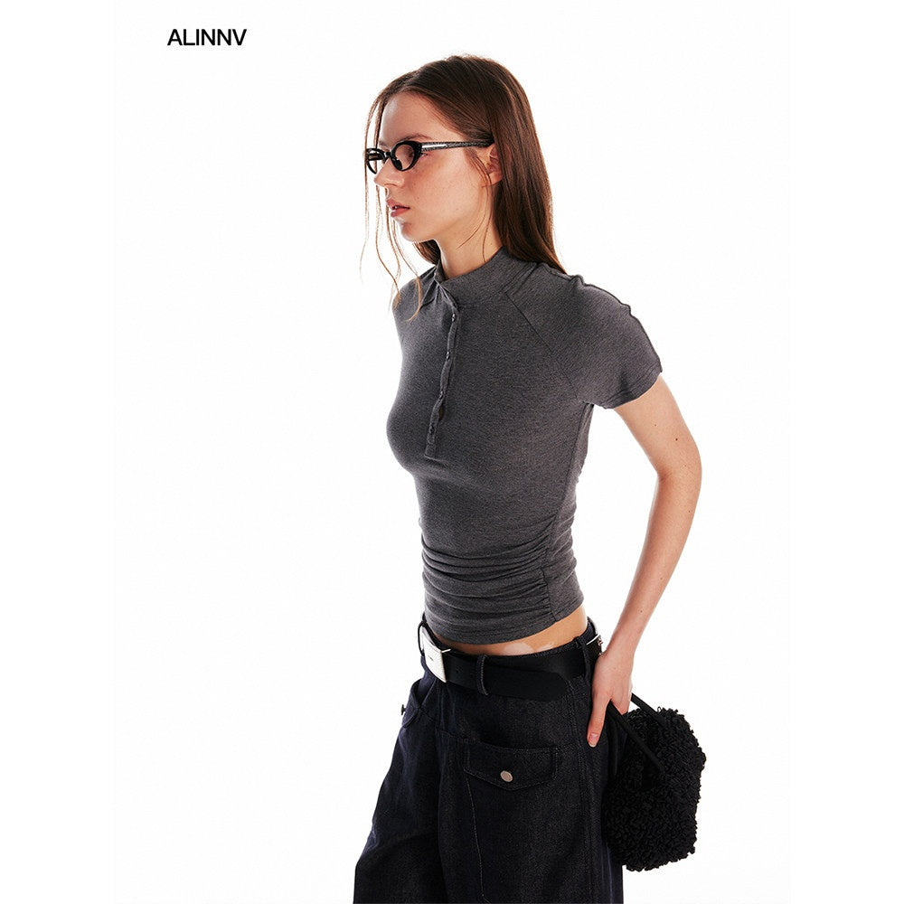 ALINNVSTUDIO_Creative_Patchwork_Slim_Fit_Cropped_Crewneck_Striped_Gray_Short_Sleeve_T-Shirts_MISSTT
