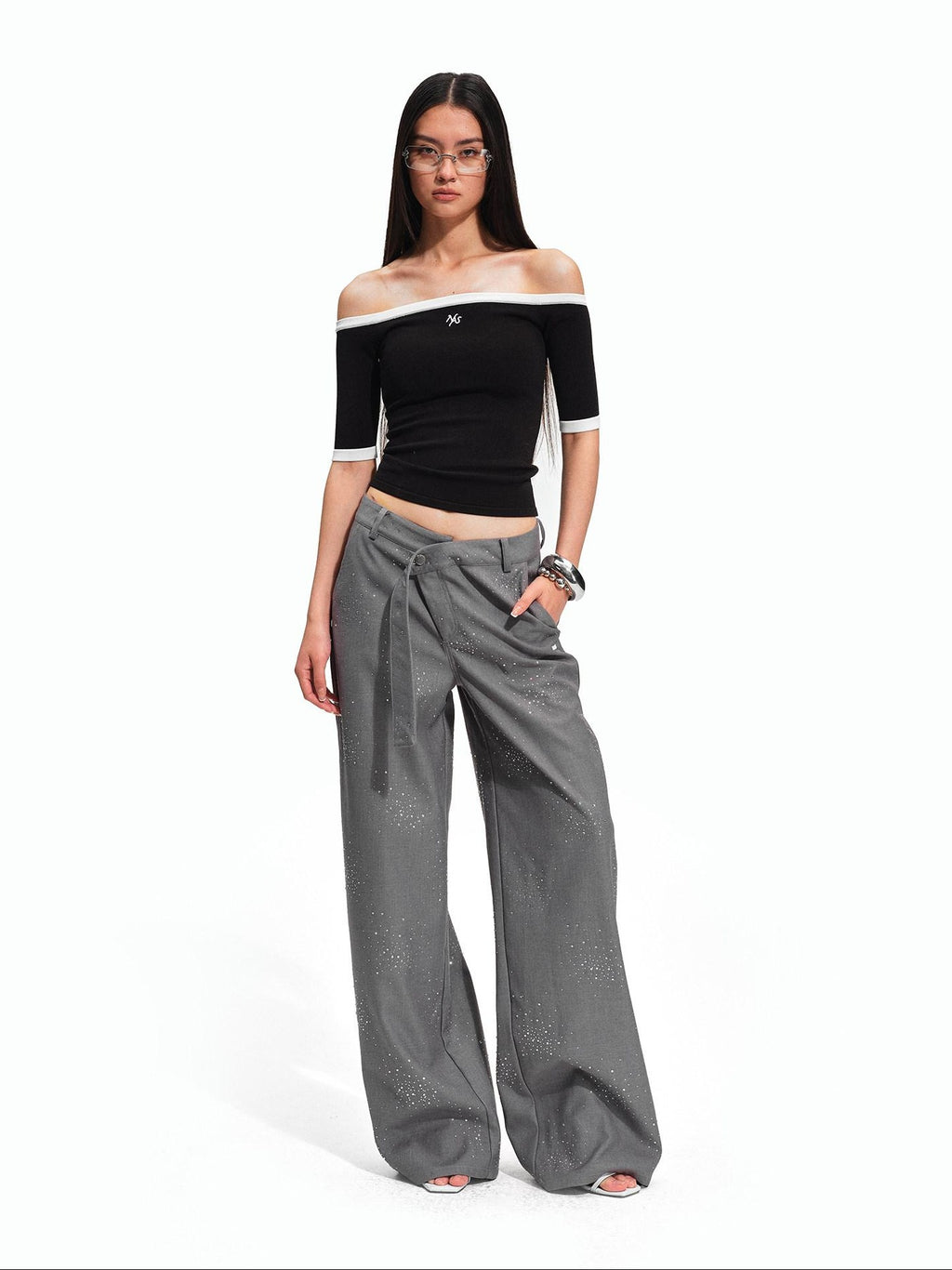 NAWSNOTAWEAR Rhinestone Low Rise Relaxed Women Button Closure Mist Gray Wide Leg Pants
