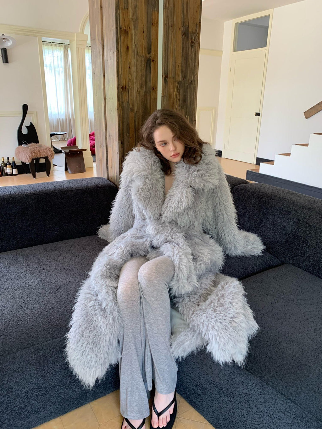 BUZHOU Luxurious Plush Fox Inspired Round Neck Longline Gray S M L Faux Fur Coats