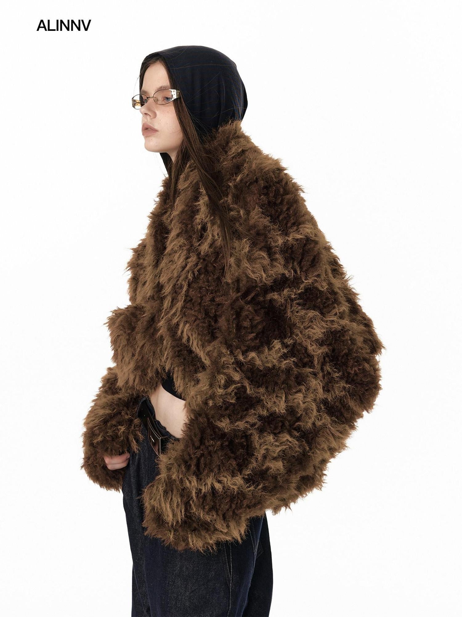 ALINNVSTUDIO Faux Fur Cropped Oversized Workwear Women Floral Pattern Leather Jackets