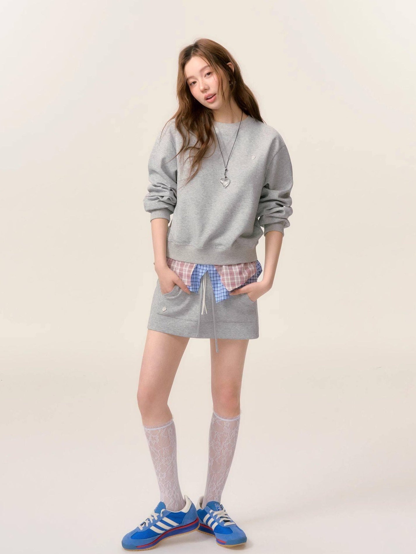 SOMESOWE Cotton Crew Long Sleeve Casual Mini Skirt Women Gray Navy Top & Skirt Sets