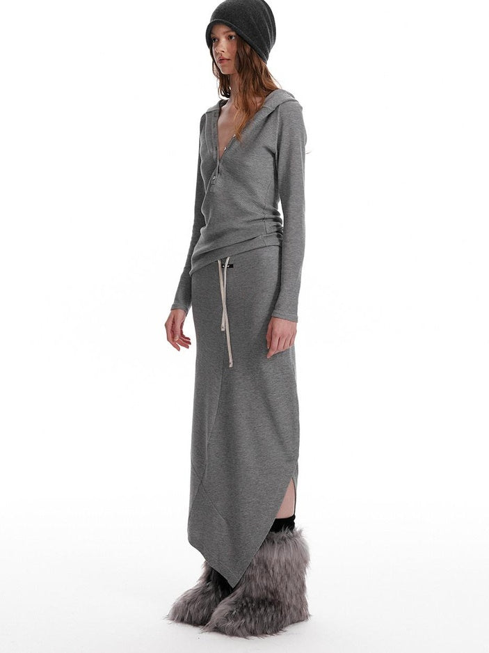 ALINNVSTUDIO Cozy Hooded Long Sleeve Button Front Curved Hem Youth Gray Top & Skirt Sets