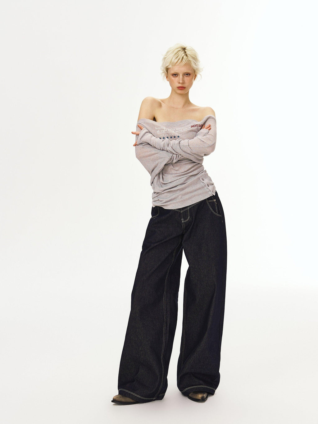 DeleteEx Dark Indigo Original Denim Relaxed Natural Waist Loose Casual Wide Leg Jeans